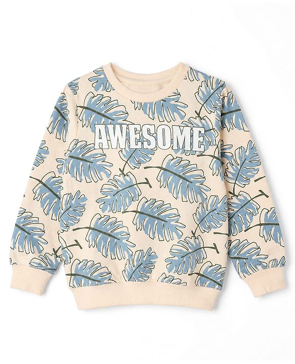 Pine Kids Cotton Blend Knit Full Sleeves Sweatshirt with Trpical Theme Print - Off White