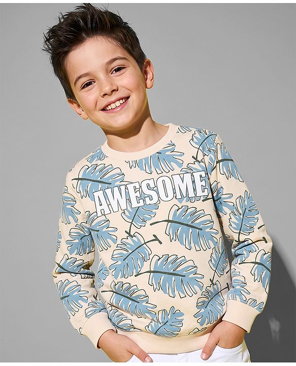 Pine Kids Cotton Blend Knit Full Sleeves Sweatshirt with Trpical Theme Print - Off White