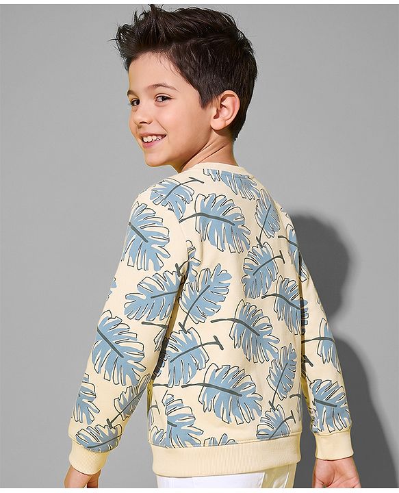 Pine Kids Cotton Blend Knit Full Sleeves Sweatshirt with Trpical Theme Print - Off White