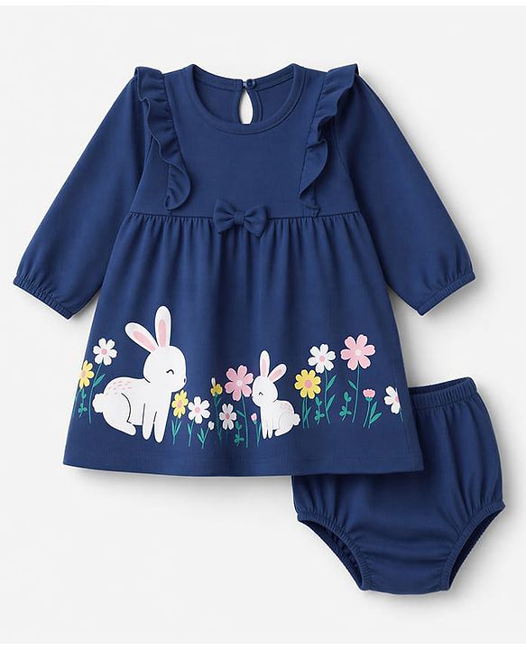 Babyhug Single Jersey Knit Full Sleeves Frock and Bloomer with Bunny Print & Bow Applique - Blue