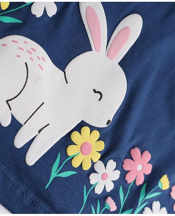 Babyhug Single Jersey Knit Full Sleeves Frock and Bloomer with Bunny Print & Bow Applique - Blue