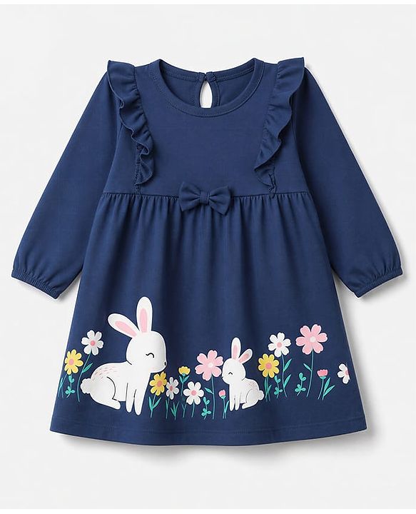 Babyhug Single Jersey Knit Full Sleeves Frock and Bloomer with Bunny Print & Bow Applique - Blue