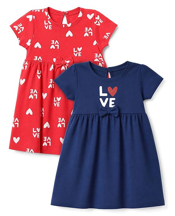 Babyhug Cotton Interlock Knit Half Sleeves Frocks With Heart & Love Print Pack of 2  - Red & Navy Blue