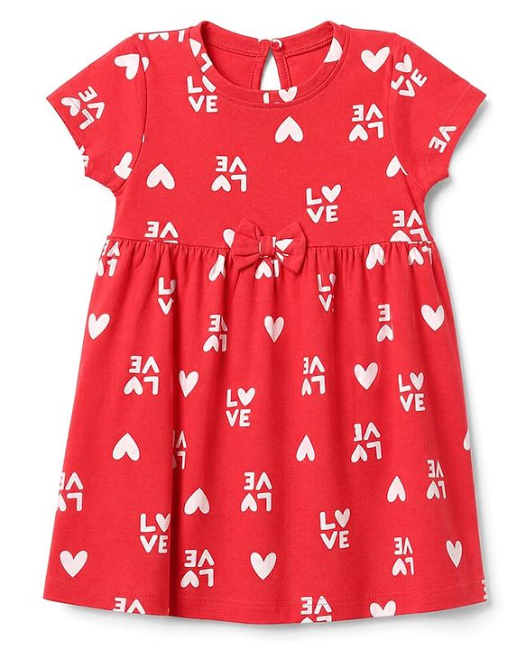 Babyhug Cotton Interlock Knit Half Sleeves Frocks With Heart & Love Print Pack of 2  - Red & Navy Blue