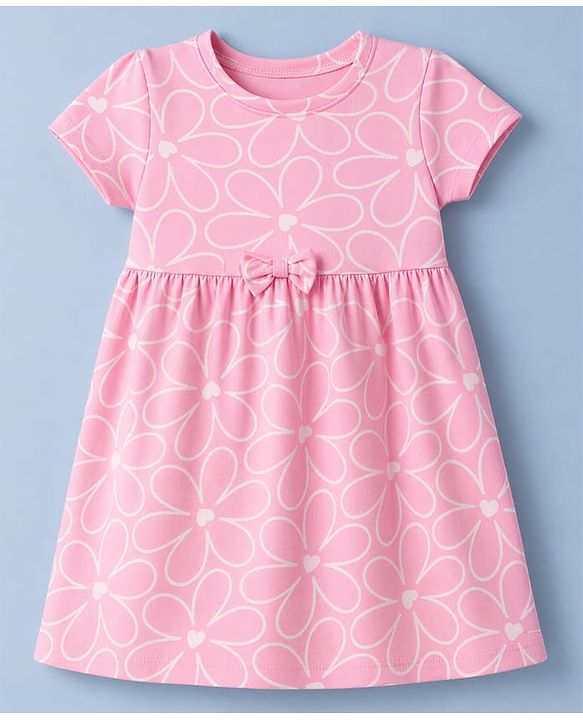 Babyhug Single Jersey Knit Half Sleeves Hearts & Text Printed Frocks With Bow Applique Pack Of 2 - Pink & Yellow