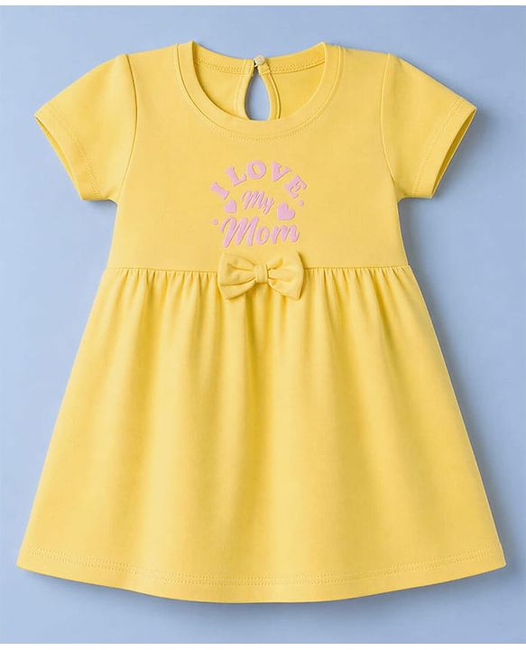 Babyhug Single Jersey Knit Half Sleeves Hearts & Text Printed Frocks With Bow Applique Pack Of 2 - Pink & Yellow