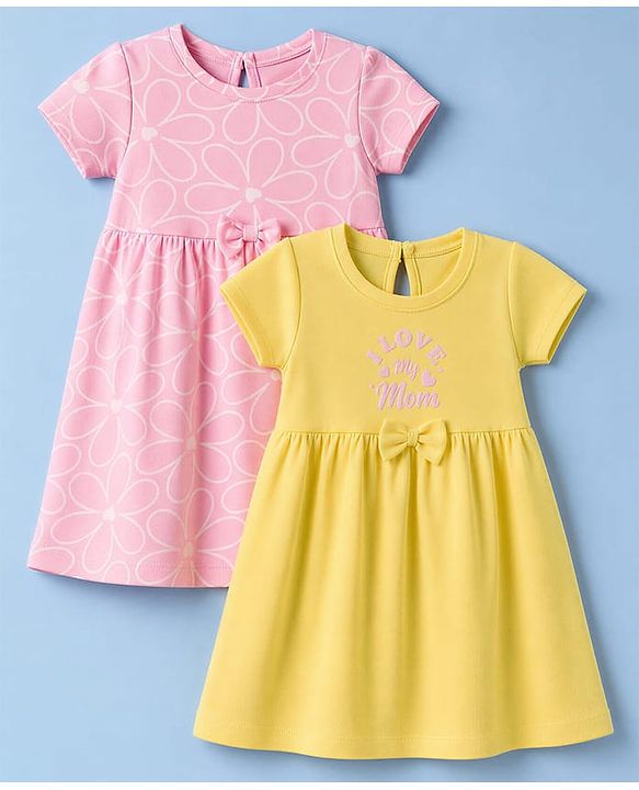 Babyhug Single Jersey Knit Half Sleeves Hearts & Text Printed Frocks With Bow Applique Pack Of 2 - Pink & Yellow