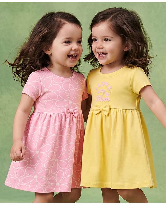 Babyhug Single Jersey Knit Half Sleeves Hearts & Text Printed Frocks With Bow Applique Pack Of 2 - Pink & Yellow