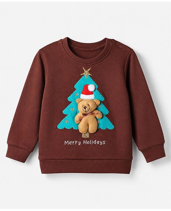 Babyhug 100% Cotton Knit Full Sleeves Sweatshirt With Bear Applique - Brown