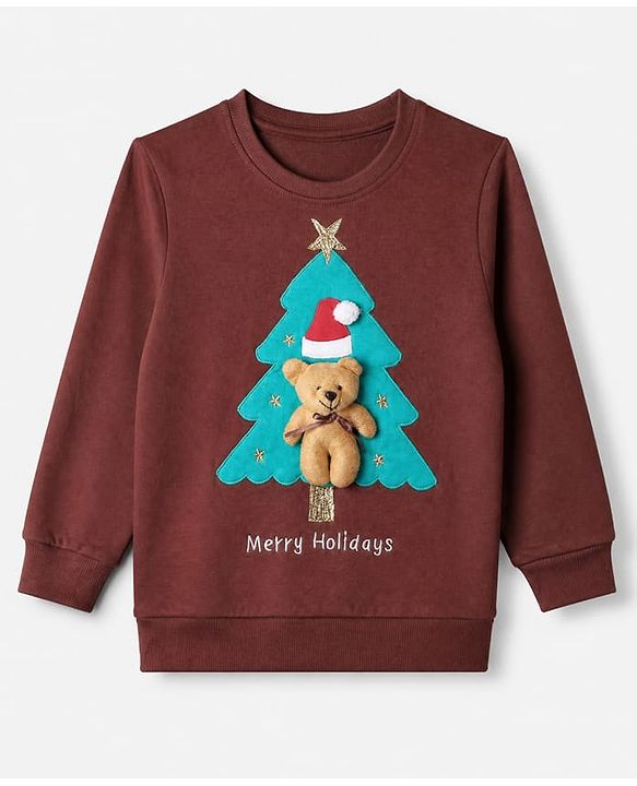 Babyhug 100% Cotton Knit Full Sleeves Sweatshirt With Bear Applique - Brown