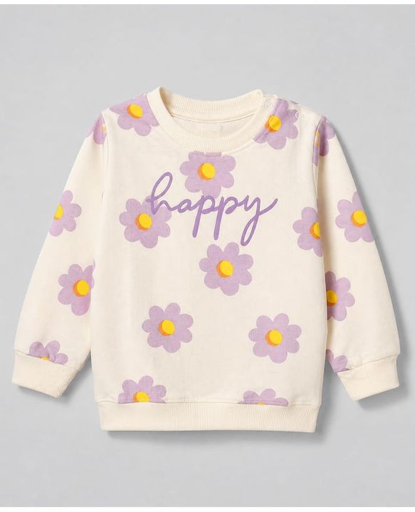 Babyhug Heavy Gauge 100% Cotton Terry Knit Sweatshirt with Full Sleeves & Floral Print - White