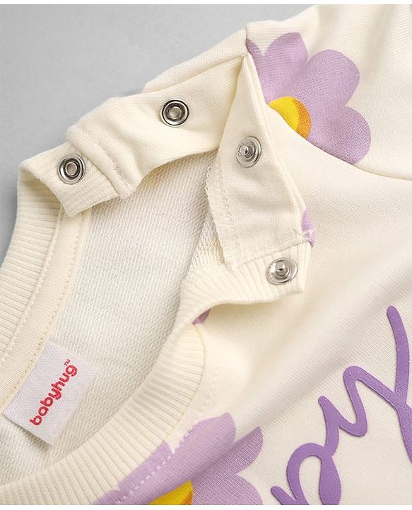 Babyhug Heavy Gauge 100% Cotton Terry Knit Sweatshirt with Full Sleeves & Floral Print - White