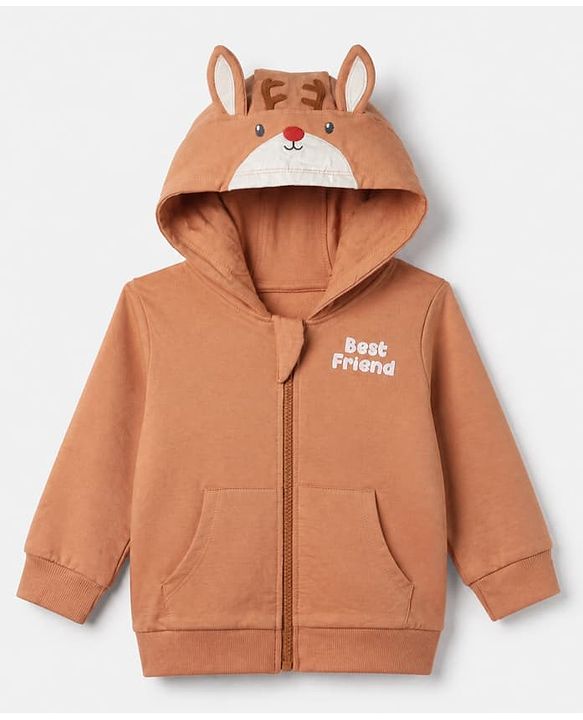 Babyhug 100% Cotton Knit Sweatshirt with Full Sleeves and Reindeer Applique in Light Brown