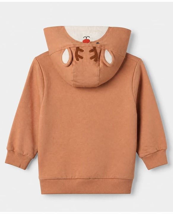 Babyhug 100% Cotton Knit Sweatshirt with Full Sleeves and Reindeer Applique in Light Brown