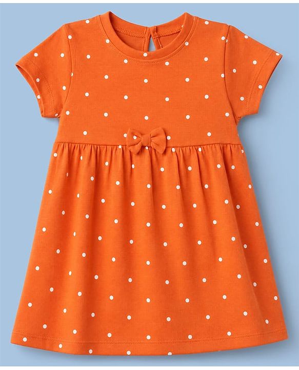 Babyhug Single Jersey Knit Half Sleeves Polka Dots & Floral Printed Frocks With Bow Applique Pack Of 2 - Orange & Peach