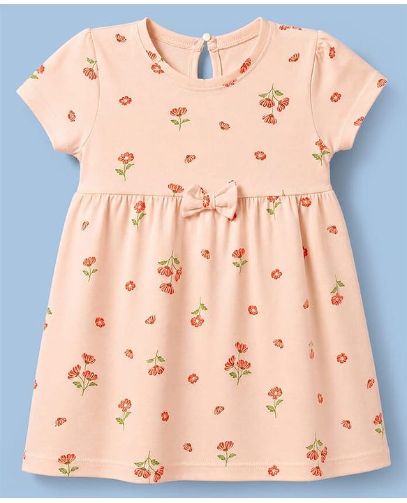Babyhug Single Jersey Knit Half Sleeves Polka Dots & Floral Printed Frocks With Bow Applique Pack Of 2 - Orange & Peach