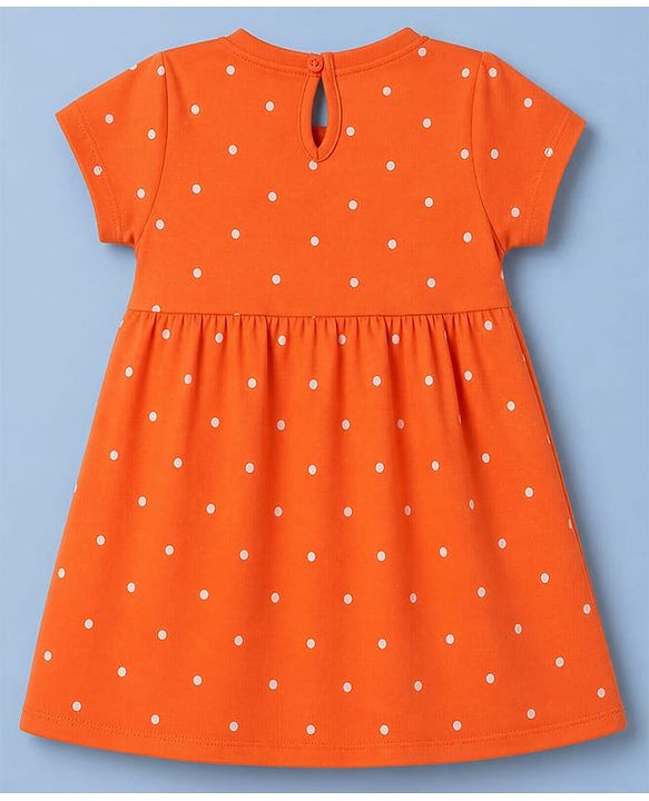 Babyhug Single Jersey Knit Half Sleeves Polka Dots & Floral Printed Frocks With Bow Applique Pack Of 2 - Orange & Peach
