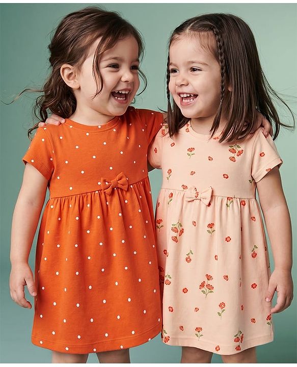Babyhug Single Jersey Knit Half Sleeves Polka Dots & Floral Printed Frocks With Bow Applique Pack Of 2 - Orange & Peach