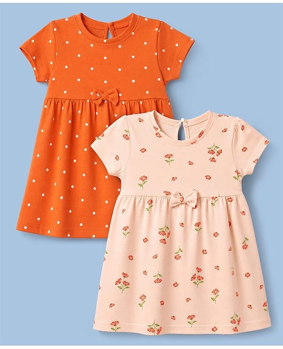 Babyhug Single Jersey Knit Half Sleeves Polka Dots & Floral Printed Frocks With Bow Applique Pack Of 2 - Orange & Peach