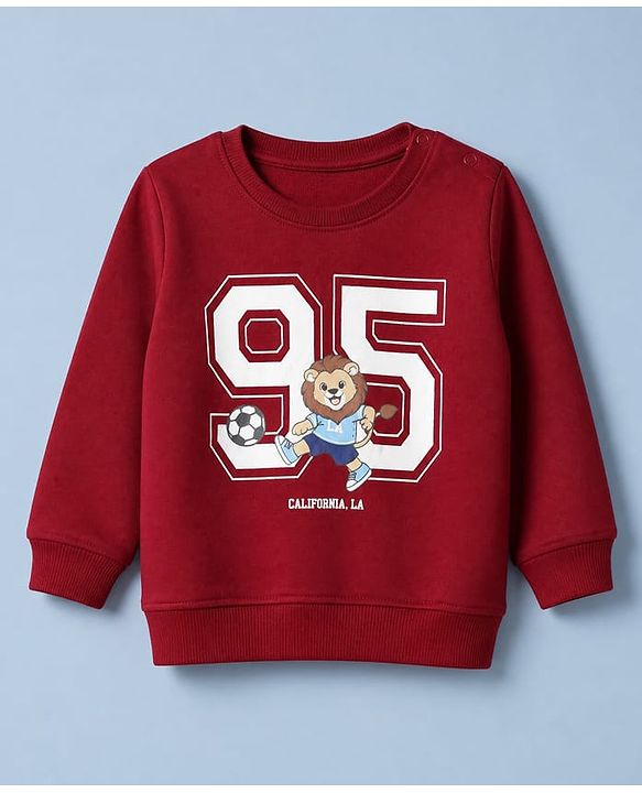 Babyhug 100% Cotton Heavy Gauge Terry Knit Sweatshirt With Full Sleeves and Lion Print - Maroon