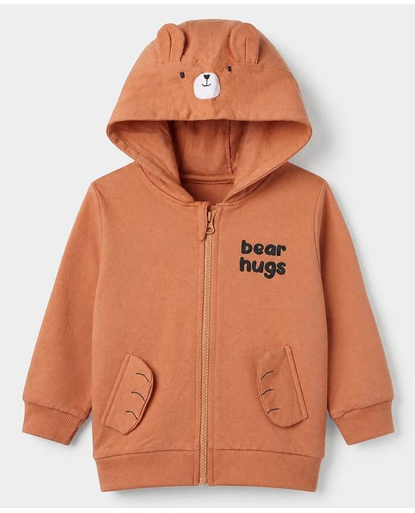 Babyhug 100% Cotton Knit Sweatshirt with Full Sleeves and Bear Hugs Bear Applique in Light Brown