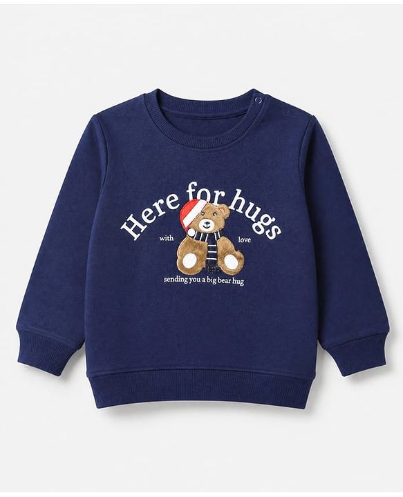 Babyhug 100% Cotton Heavy Gauge Terry Knit Sweatshirt With Full Sleeves and Bear Embroidery & Text Print - Navy