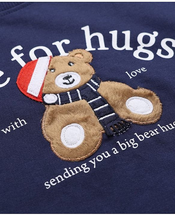 Babyhug 100% Cotton Heavy Gauge Terry Knit Sweatshirt With Full Sleeves and Bear Embroidery & Text Print - Navy