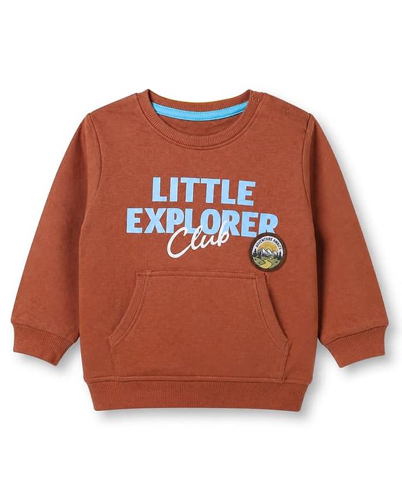 Babyhug 100% Cotton Knit Sweatshirt with Full Sleeves and Little Explorer Text in Brown
