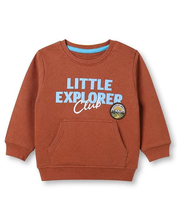Babyhug 100% Cotton Knit Sweatshirt with Full Sleeves and Little Explorer Text in Brown
