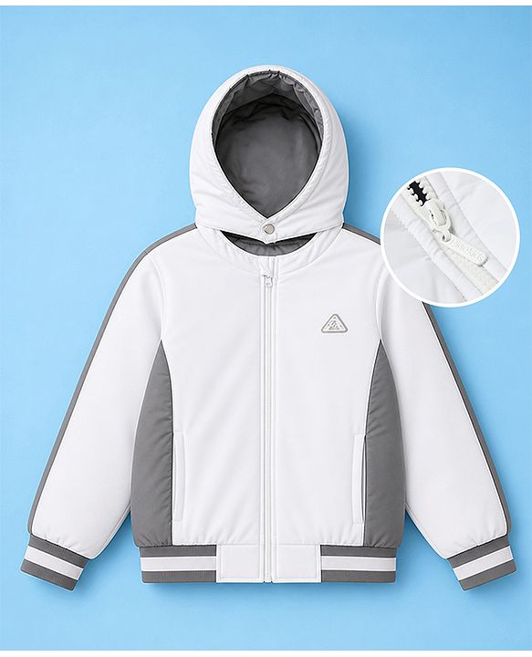 Pine Kids Woven Hoodie Jacket with Full Sleeves, Detachable Hood and Triangle Embroidery in White