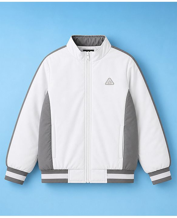 Pine Kids Woven Hoodie Jacket with Full Sleeves, Detachable Hood and Triangle Embroidery in White