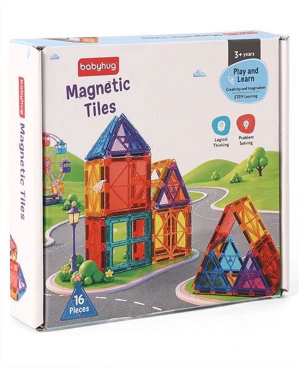Babyhug Magnetic Tiles for Kids - 16 Piece| Magnetic Construction Set| Building Blocks| Boosts Creativity & Imagination| Learning & Educational Toy| Strong Durable Magnets| STEAM Learning