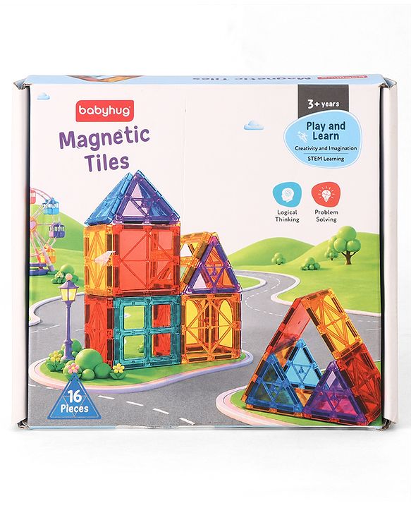 Babyhug Magnetic Tiles for Kids - 16 Piece| Magnetic Construction Set| Building Blocks| Boosts Creativity & Imagination| Learning & Educational Toy| Strong Durable Magnets| STEAM Learning