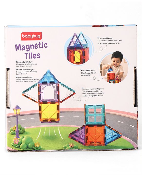 Babyhug Magnetic Tiles for Kids - 16 Piece| Magnetic Construction Set| Building Blocks| Boosts Creativity & Imagination| Learning & Educational Toy| Strong Durable Magnets| STEAM Learning