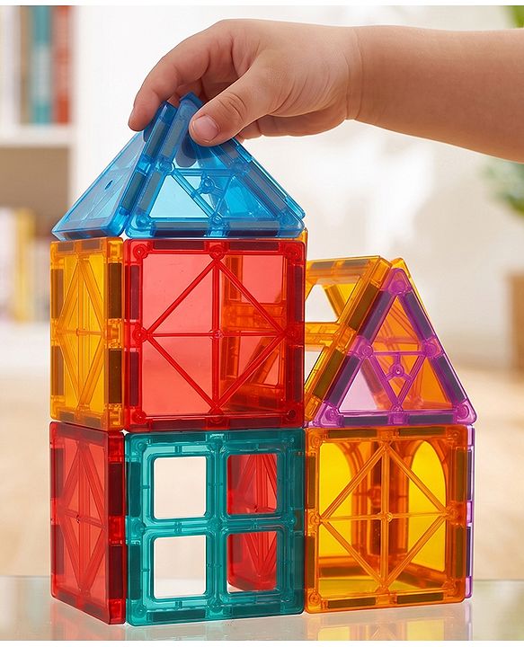 Babyhug Magnetic Tiles for Kids - 16 Piece| Magnetic Construction Set| Building Blocks| Boosts Creativity & Imagination| Learning & Educational Toy| Strong Durable Magnets| STEAM Learning