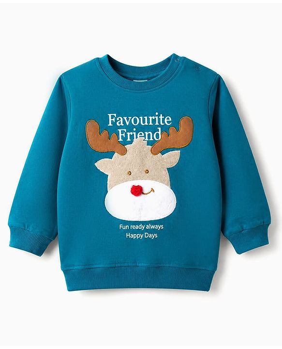 Babyhug 100% Cotton Terry Knit Sweatshirt with Full Sleeves and Reindeer Applique - Blue