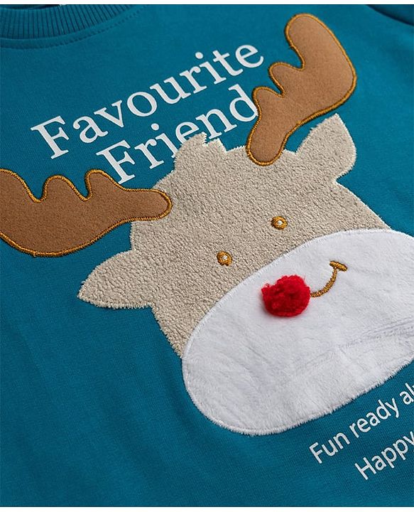 Babyhug 100% Cotton Terry Knit Sweatshirt with Full Sleeves and Reindeer Applique - Blue