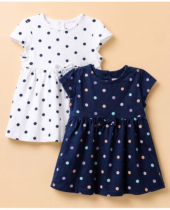 Babyhug Single Jersey Knit Frock with Half Sleeve and Polka Dots Print in White & Black Pack of 2