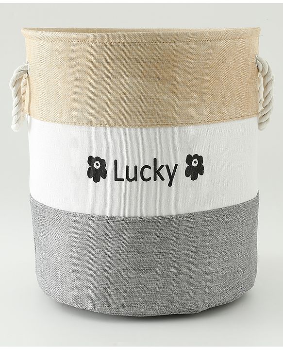 Babyhug Multicolour Foldable Fabric Storage Basket| 35 40 cm| Three-Tone Design, Decorative Lucky Print, Rope Handles| Laundry Organizer| Books, Cloths, Toys & Accessories Storage| Washable Fabric