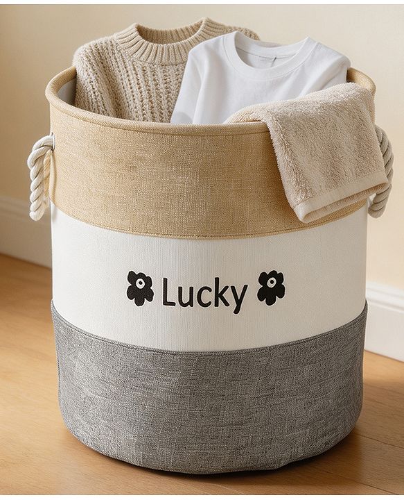 Babyhug Multicolour Foldable Fabric Storage Basket| 35 40 cm| Three-Tone Design, Decorative Lucky Print, Rope Handles| Laundry Organizer| Books, Cloths, Toys & Accessories Storage| Washable Fabric