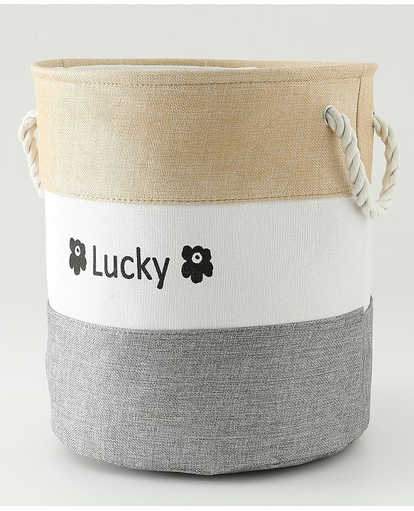 Babyhug Multicolour Foldable Fabric Storage Basket| 35 40 cm| Three-Tone Design, Decorative Lucky Print, Rope Handles| Laundry Organizer| Books, Cloths, Toys & Accessories Storage| Washable Fabric