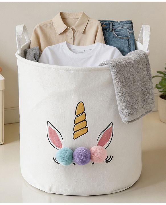 Babyhug Multicolour Foldable Fabric Storage Basket| 35 40 cm| Three-Tone Design, Decorative Lucky Print, Rope Handles| Laundry Organizer| Books, Cloths, Toys & Accessories Storage| Washable Fabric
