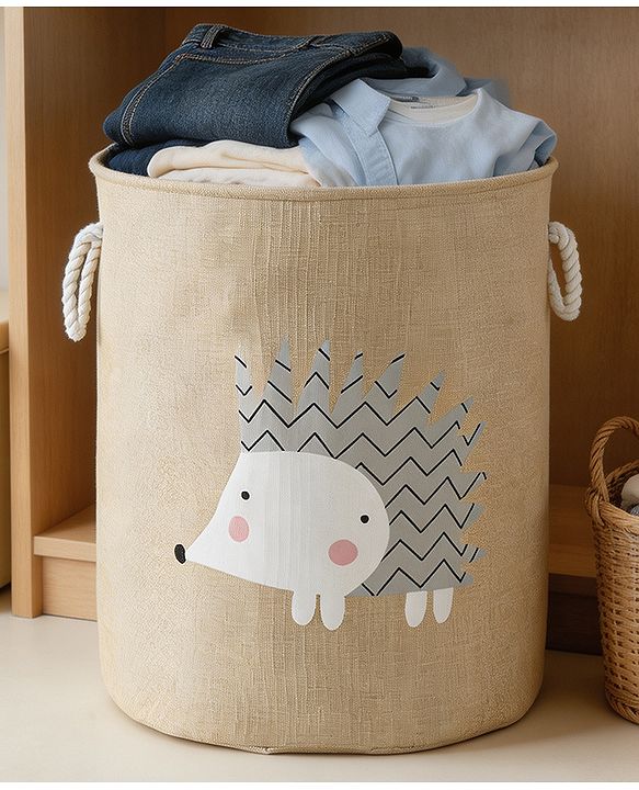 Babyhug Multicolour Foldable Fabric Storage Basket| 35 40 cm| Three-Tone Design, Decorative Lucky Print, Rope Handles| Laundry Organizer| Books, Cloths, Toys & Accessories Storage| Washable Fabric