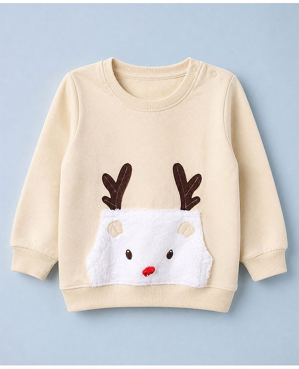 Babyhug 100% Cotton Terry Knit Heavy Gauge Sweatshirt with Full Sleeves and Reindeer Applique in Offwhite