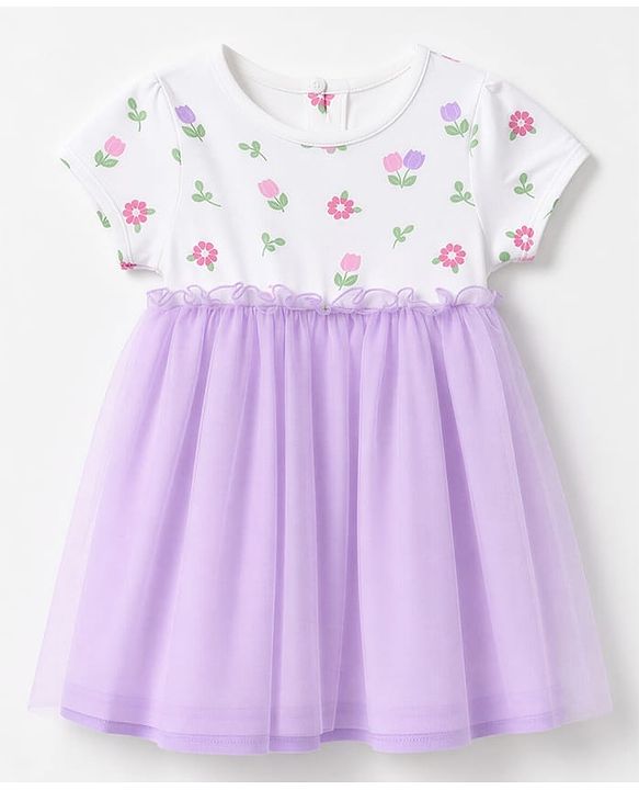 Babyhug Mesh Knit One Piece Dress with Short Sleeves and Floral Print - Lavender