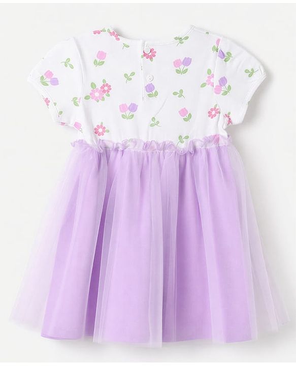 Babyhug Mesh Knit One Piece Dress with Short Sleeves and Floral Print - Lavender