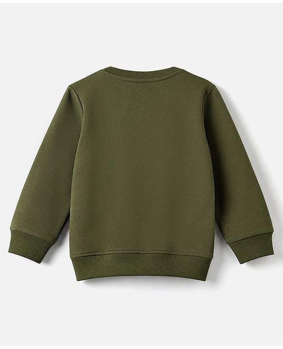 Babyhug 100% Cotton Heavy Gauge Terry Sweatshirt with Full Sleeves and Tiger Print & Bow Patch - Olive Green