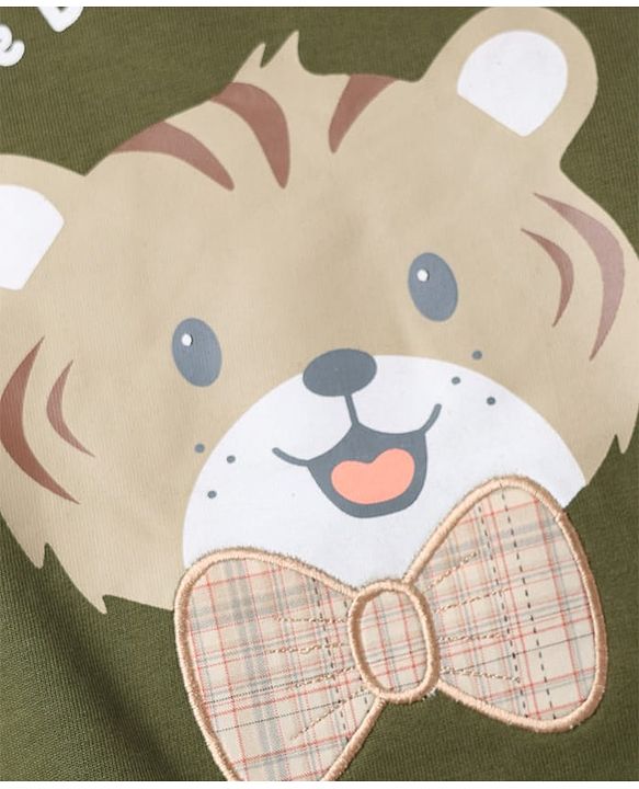 Babyhug 100% Cotton Heavy Gauge Terry Sweatshirt with Full Sleeves and Tiger Print & Bow Patch - Olive Green