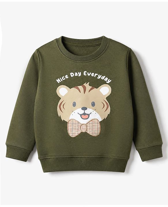 Babyhug 100% Cotton Heavy Gauge Terry Sweatshirt with Full Sleeves and Tiger Print & Bow Patch - Olive Green