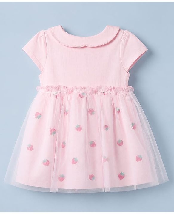 Babyhug Single Jersey Knit Frock with Half Sleeves and Strawberry Print in Pink